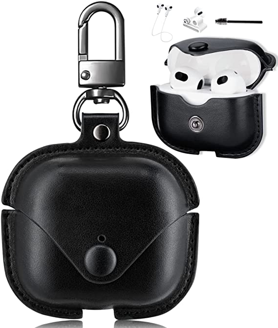 AirPods 3rd Leather Case Cover Airpods 3 Generation Soft Genuine Leather Case Skin for Apple AirPods 3 Gen Charging Case with Metal Keychain (Black)