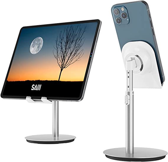 SAIJI Cell Phone Stand, Tablet Holder, Adjustable Aluminum Stand, Compatible with iPhone Samsung Cell Phone, Tablet, iPad, Nintendo Switch, Kindle, Up to 10 Inch Screen