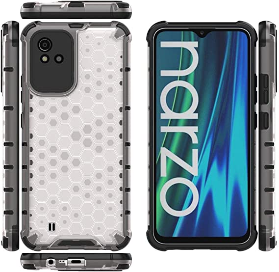 لهاتف Realme Narzo 50i 4G, جراب اصلي مقاوم للصدمات بنمط خلية النحل من GrabologyStore - ابيض شفاف