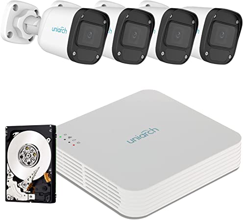 Uniarch Camera System - Surveillance - Wired - 4 Camera 2 MP 1080, NVR 4 Channel Hard 1TB Night Vision Motion Detection Remote Control Outdoor/Indoor Waterproof (POE + Hard 1TB)