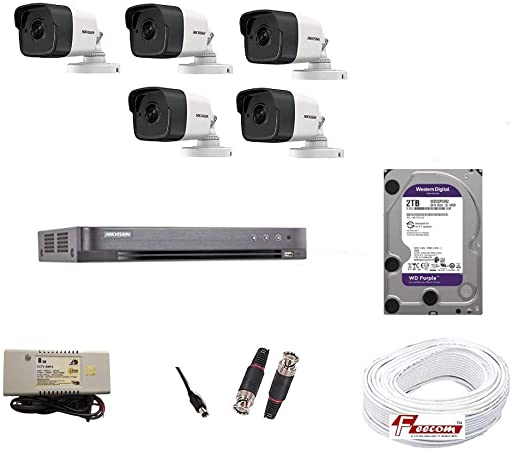 HIKVISION 4K Full HD 5MP CCTV Combo with 5 Bullet Cameras, 8CH DVR , 2TB Hard DISC CCTV Wire Bundle 8CH Power Supply and All Required Accessories by TECHNOCAM