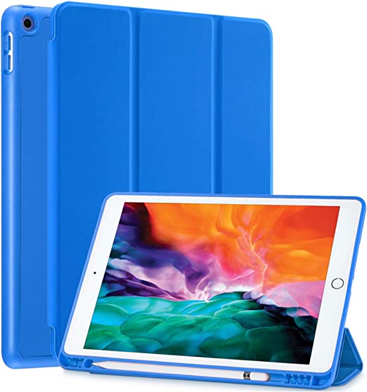 SIWENGDE Compatible for iPad 8th Gen(2020)/7th Generation(2019) Case with Pencil Holder, iPad 10.2 Case for Kids, Slim Soft Silicone Smart Trifold Stand Full Body Protective Cover (Blue)