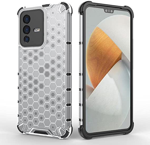 لهاتف Vivo V23 5G, جراب اصلي مقاوم للصدمات بنمط خلية النحل من GrabologyStore - ابيض شفاف