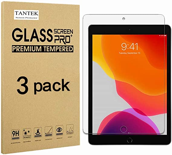 TANTEK [3-Pack] Screen Protector for iPad 8/7 (10.2-Inch, 2020/2019 Model, 8th/7th Generation),Tempered Glass Film,Ultra Clear,Anti Scratch,Bubble Free,Apple Pencil Compatible