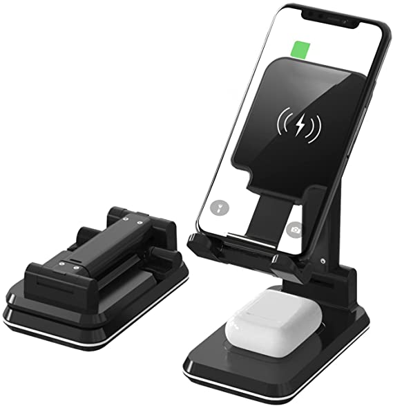 Dual Wireless Charger Stand, 2 in 1 Dual Wireless Charging Stand, Angle Height Adjustable Wireless Charging Cell Phone Desk Holder Dock for iPhone 12/11/Xs/Max/X/8/8P AirPods, Samsung S10/S9/S8/Note10