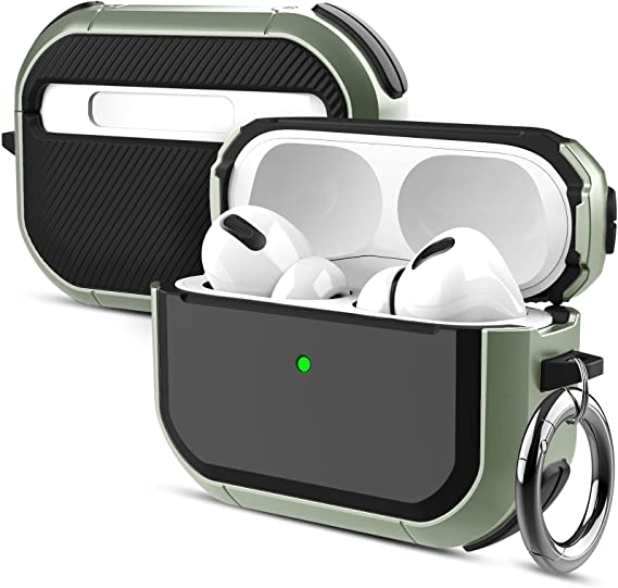 TITACUTE for AirPods Pro Case Cover Protective Shockproof Full-Body Drop Protection Anti-Scratch Tough TPU Skin Bumper Armor with Secure Lock Keychain Carabiner Holder for Man Women Outdoor Army Green