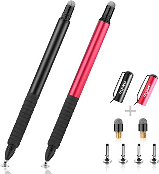 Digiroot (2Pcs) 2-in-1 Precision Stylus Disc Tip with Fiber Tip for Notes-Taking, Drawing , Navigation on Touch Screen (4 Discs, 2 Fiber Tips Included)- (Black/Red)