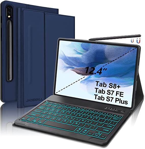 Keyboard Case for Samsung Galaxy Tab S7 FE / S7 Plus / S7+ 12.4'', Wireless Bluetooth Backlit Detachable Keyboard with Stand Cover, Keyboard Case for Samsung Tab S7 Plus 2020(-T970/T975/T976)