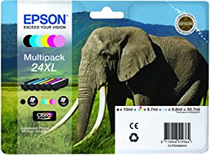 Epson 24XL Elephant High Yield Genuine Multipack, 6-colours Claria Photo HD Ink Cartridges, Amazon Dash Replenishment Ready