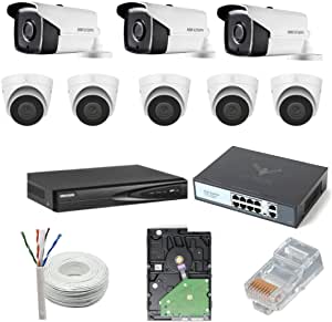 HIKVISION 2MP IP Camera Outdoor 3 Bullet, 5 Dome, 8 Channel NVR, 8 Port JK Vision POE, 2TB Hard Disk, Cat6 Cable 100m, 16 RJ45 Connector Compatible with J.K.Vision RJ45