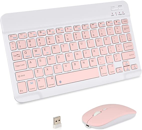 Portable Wireless Keyboard, CestMall Rechargeable10 Ultra Slim Universal Tablet Keyboard with Wireless Mouse, Small Wireless Keyboard for iOS/Android/Windows Tablets, Laptops, PC, Phones (Pink)