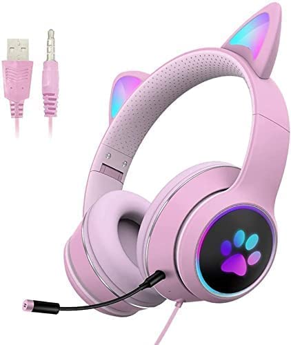 Wired Headset for Cats and Chat Headsets with LED Lights for Adults and Teens, Adjustable Padded Headband, Detachable Microphone, with Sleep Function.