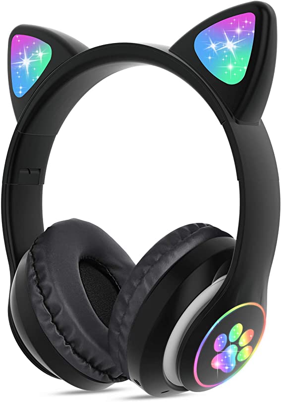 Kids Headphones Wireless, Girls Cat Ear Bluetooth Headphones, Foldable LED Light Up Headphones Over On Ear w/Microphone and Micro SD Card Slot for Child/Teens/iPhone/iPad/PC/TV, Gift for Birthday/Xmas