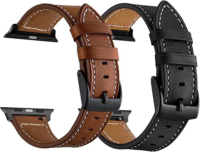 LDFAS Compatible for Apple Watch Band 45mm 44mm 42mm, Leather Watch Strap Compatible for Apple Watch SE, Apple Watch Series 7/6/5/4/3 Band,Brown+Black (2 Pack)