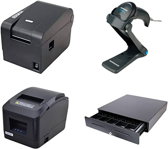 Bill Printer + BARCOD Printer + Barcode Reader + Cash Tray (xprinter k200+ xprinter235+ datalogic2100 + cash drawer)