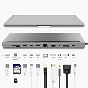 Microware Type C 3.1 to 1000M RJ45, HDMI 4K, VGA 1080P, USB-C PD, 3.5mm Jack AUX Audio Port 11 in 1 Hub Metal Adapter Compatible with Mac-Book Pro/Air