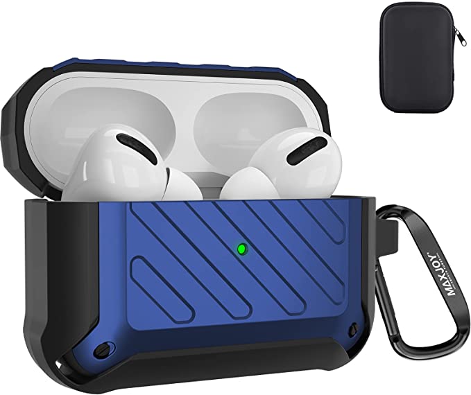 Maxjoy Compatible Airpods Pro Case Cover, Airpods Pro Protective Case Rugged Full-Body Hard Shell Shockproof Cover with Keychain Compatible with Apple Airpods Pro Charging Case Front LED, Dark Blue