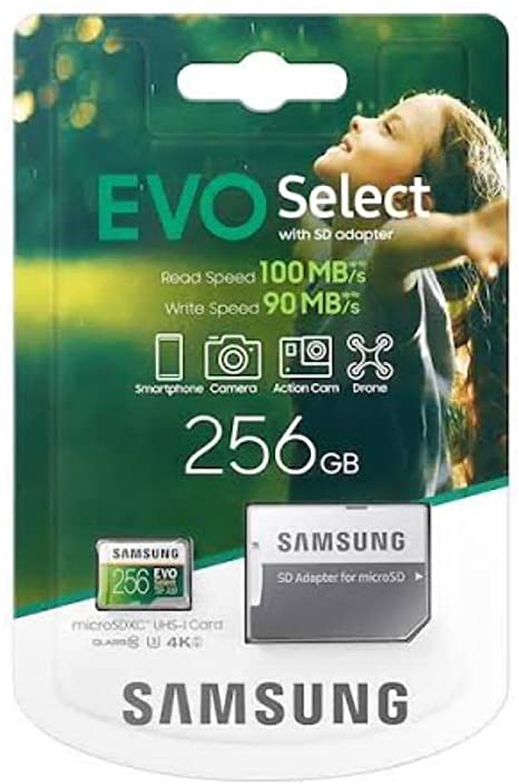 256GB memory card 100MB/s (U3) MicroSDXC EVO Select with Full-Size Adapter for Samsung, Huawei, Oppo, Android, Laptops, Cameras, Dell, Lenovo, HP, Microsoft surface and more