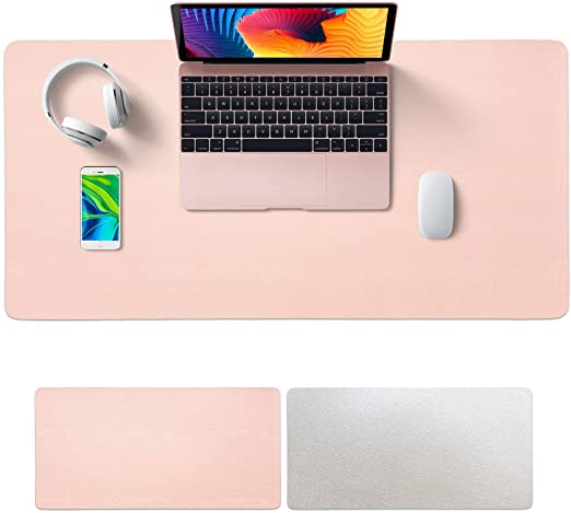 SKY-TOUCH Multifunctional Desk Pad Leather Computer Mouse Pad Office Desk Mat Extended Gaming Mouse Pad, Non-Slip Waterproof Dual-Side Use Desk Mat Protector (Pink/White)