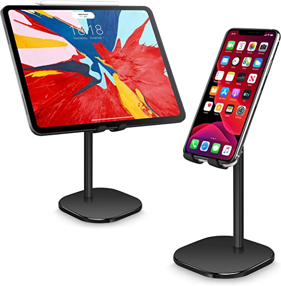 Cell Phone Stand, Tablet Holder, WATACHE Height Adjustable Aluminum Mount Dock Cradle for iPhone Samsung, Tablet, iPad,Kindle, Great for Facetime& Recipe Reading,Black