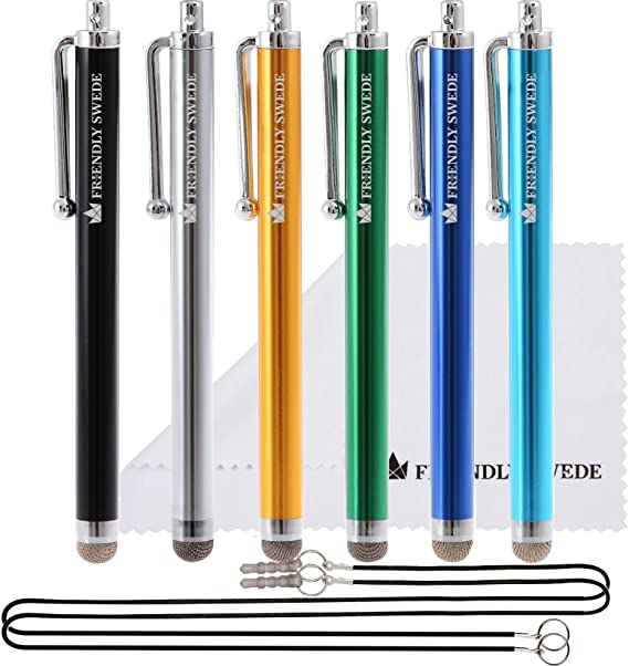 The Friendly Swede Bundle Micro-Knit Hybrid Fiber Tip Universal Capacitive Stylus Pens (Silver,Aqua Blue,Green,Dark Blue,Yellow,Black)