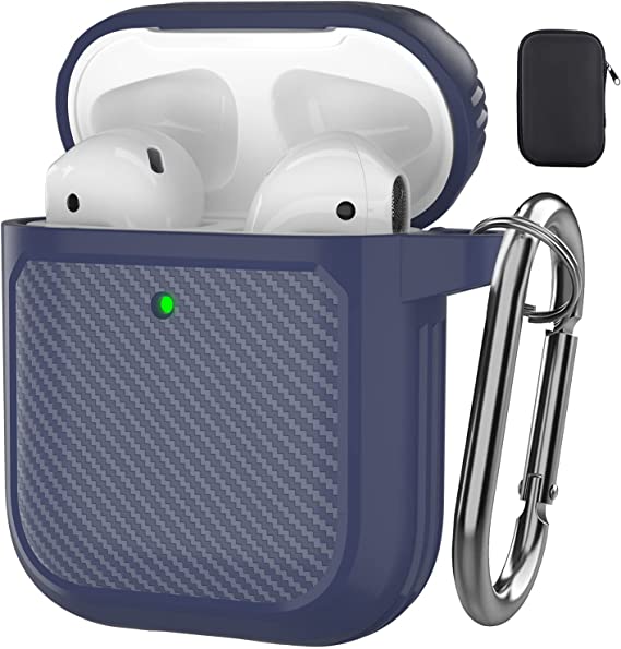 AIIKO Compatible Airpods Case Cover Carbon Fiber Texture Series for Apple AirPods 2 &1 Full-Body Rugged Protective Airpod Cases with Carabiner Wireless Charging Case [Front Led Visible]