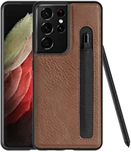 DNGN Designed for Samsung Galaxy S21 Ultra Case Compatible S-Pen Built-in,PU Leather Case Has Pen Storage Holder [Only Case Not Include Pen](Brown)