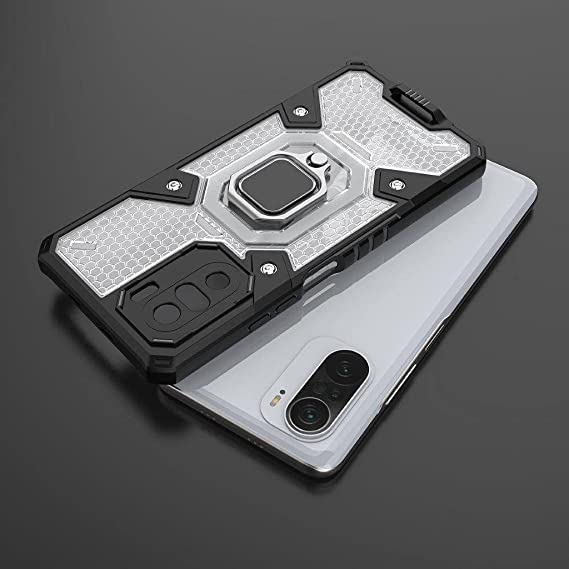 Cover Compatible with Xiaomi Poco F3, New Original cover From GrabMobily - Ironman Honeycomb Integrated Protection Shock Resistant TPU Case with Ring Holder and Mobile Strap