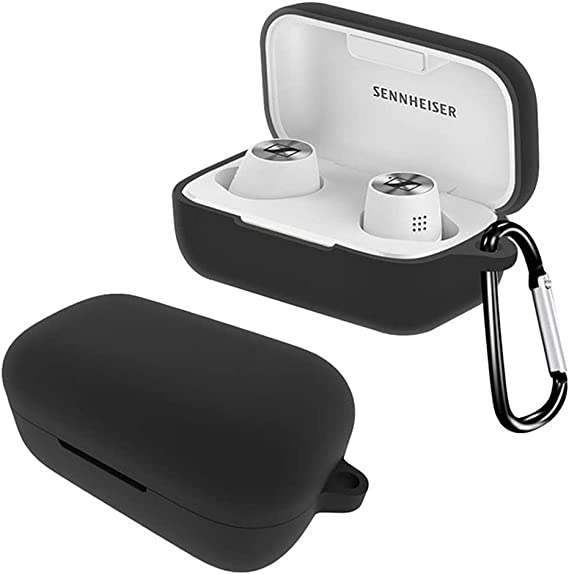 Beauenty Silicone Case Cover Compatible with SENNHEISER Momentum True Wireless 2 Earbuds Protective Charger Carrying Case, Wireless Earphones Skin Cover with Keychain Hook (Black)