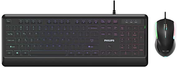 PHILIPS Elegant Gaming USB Keyboard and Mouse Combo | Low-Profile Full-Sized Keyboard, 3-Button Mouse w/RGB Light FX | Lightweight, Spill- & Scratch-Resistant for Home, Gaming (SPT8274)
