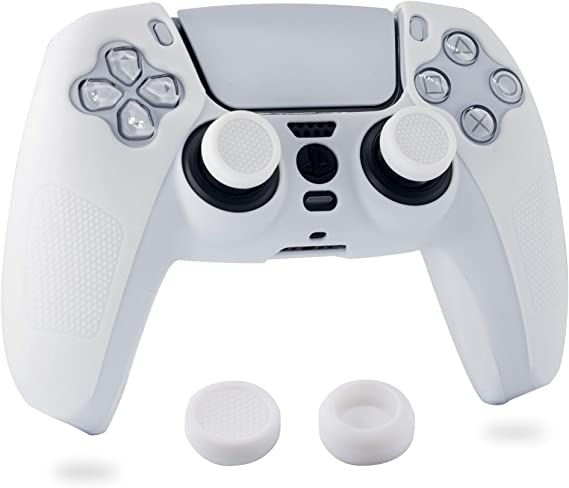 BRHE PS5 Controller Skin Anti-Slip Silicone Grip Cover Protector Rubber Case Accessories Set for Playstation 5 Gamepad Joystick with 2 Thumb Grip Caps (White)