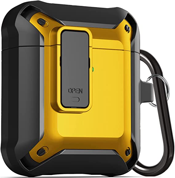 LitoDream Armor Airpods Case, [Secure Lock] Air Pods Full-Body Rugged Protective Case Men Charging Skin Shockproof iPods Case Cover with Carabiner for Apple Airpods 2&1 (Black/Yellow)