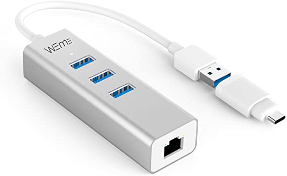 WEme Ethernet Adapter 2 in 1 USB C to Gigabit Ethernet Converter, Compatible Thunderbolt 3, Aluminum USB 3.0 RJ45 Network Adapter with 3 Port Hub for PC, Mac, Linux, MacBook Air, Windows Surface Pro