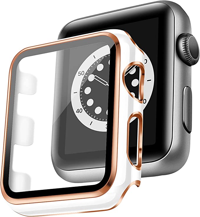 LEHOO PC 45mm Cover Compatible with Apple Watch Case Series 7/SE/6/5/4/3/2/1 with Built-in Tempered Glass Screen Protector 45mm, Anti-Scratch Bumper for iWatch (45mm, White + Rose Gold Edge)