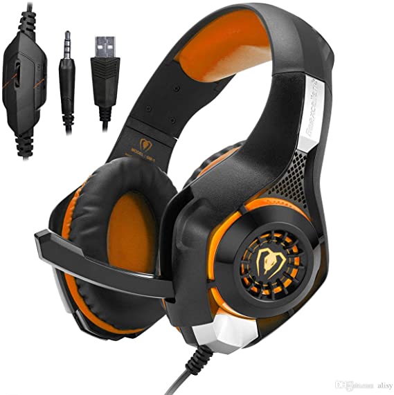 Beexcellent Gaming Headset GM-1 Over-Ear Wired 3.5mm Pro Surround Sound Gaming Headphone with LED Effect and Microphone for PC, Laptop, Tablet, PS4, Xbox, Cell Phone (Orange)