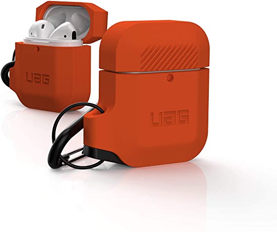 URBAN ARMOR GEAR UAG Compatible with AirPods (1st Gen & 2nd Gen), Full-Body Protective Rugged Water Resistant Soft-Touch Silicone Case with Detachable Carabiner, Orange/Dark Grey