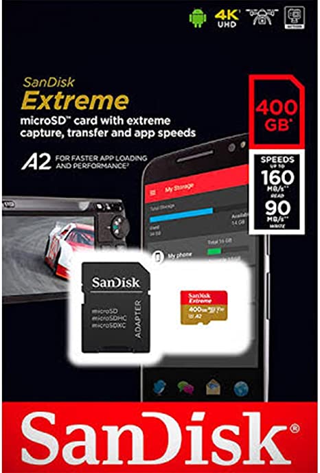 400GB memory card 160MB/s (U3) Extreme MicroSDXC UHS-I U3 A2 V30 with Full-Size Adapter from SanDisk for Huawei, Oppo, Android, Laptops, Cameras, Dell, Lenovo, HP, Microsoft surface and more