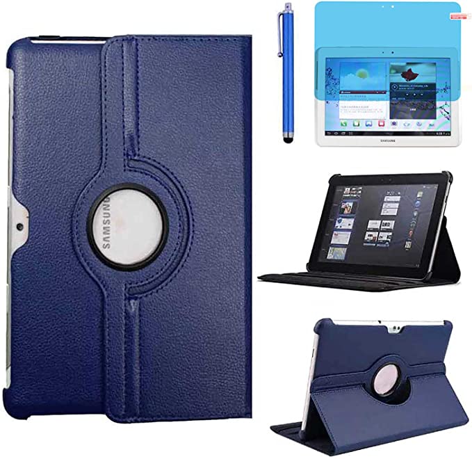 Case for Samsung Galaxy Note 10.1 Inch 2012 (GT-N8000 N8010 N8013) 360 Degree Rotation Full Protection Kickstand Case Cover with Stylus and Screen Protector (Deep Blue)