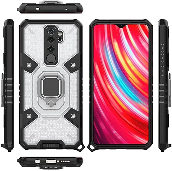 جراب لهاتف شاومى Redmi Note 8 Pro ، - غطاء درع شديد التحمل - حافظة أصلية جديدة الكل في واحد من GrabMobily - جراب حماية مزدوج مقاوم للصدمات مع حبل قصير - شفاف وأسود