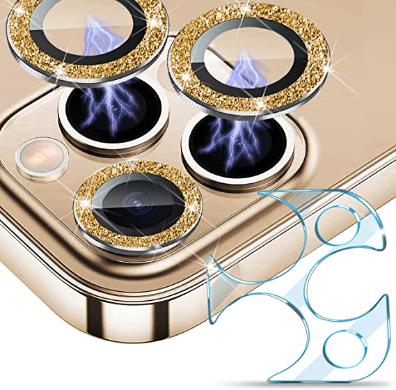 JOLOJO Bling Glitter Diamond Camera Lens Protector for iPhone 12 Pro (6.1"),Anti-Scratch Shatter-Proof Metal Cover Ultra Glass - Gold Diamond