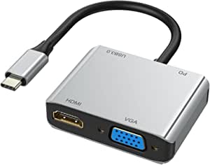 USB C to HDMI VGA Adapter, 4-in-1 USB Type C Hub, USB C to HDMI Adapter 4K @ 60Hz HDMI Port, 1080P VGA Port, USB 3.0 Port, 87W Power Delivery Port for MacBook Pro and More Type C Device