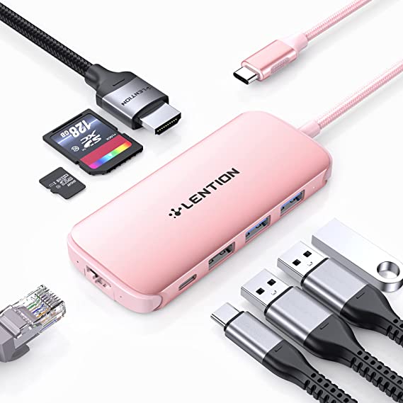 LENTION Ultra-Thin USB C Hub with Ethernet, 4K HDMI, USB 3.0/2.0, Card Readers & PD Adapter for 2022-2016 MacBook Pro 13/15/16/M1, New Mac Air & Surface, Chromebook, More (CB-C48, Rose Gold)