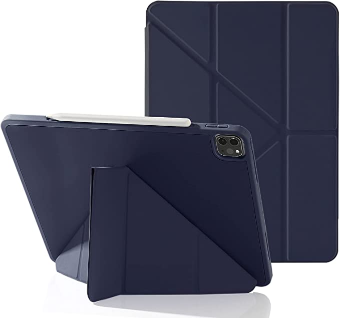 Origami Case for iPad Pro 12.9 Inch 2021/2020/2018 with Pencil Holder, 5-in-1 Multiple Viewing Angles, Smooth Silicone Cover & Soft TPU Back, Auto Sleep/Wake & Pencil 2 Charging Smart Folio(Dark Blue)