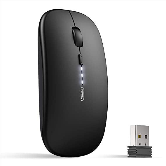 INPHIC Wireless Mouse Rechargeable, [Upgraded], Ultra Slim Silent 2.4G Cordless Mouse 1600 DPI with USB Receiver for Laptop PC Computer Mac Tablet, Battery Level Visible, Black