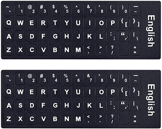 MOSISO 2 Packs Universal English US Keyboard Stickers, Full Set of Computer Individual Keycaps Replacement Keys Black Background White Letters for PC Desktop Laptop Notebook Keyboards