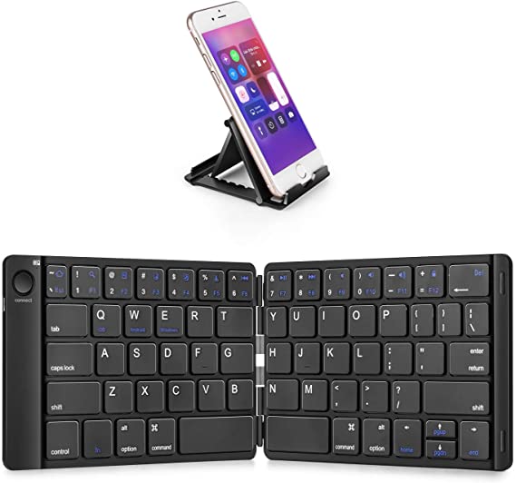 Samsers Foldable Bluetooth Keyboard - Portable Wireless Keyboard with Stand Holder, Rechargeable Full Size Ultra Slim Folding Keyboard Compatible IOS Android Windows Smartphone Tablet and Laptop-Black