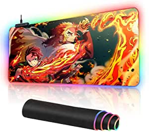 MANGA Tanjiro and Rengoku Sword RGB XL Gaming Mouse Pad, Non-Slip,Water-Resistant, Rubber Cloth, Stitched Edge, Computer Game Mouse & Keyboard Mat – (80 * 30cm)