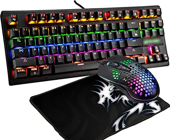 Mechanical Keyboard ,Wired Rainbow LED Backlit 87 Key Waterproof Gaming Keyboard + Gaming Mouse 6400 DPI RGB Mouse and Mousr pad for PC PS4(Black)