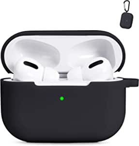 AKABEILA AirPod Pro Case Cover for Men, Compatible for AirPods Pro Case Liquid Silicone Cases [Front LED Visible with Carabiner] Soft Shockproof Protection Air Pod Pro Wireless Charging Case,Black