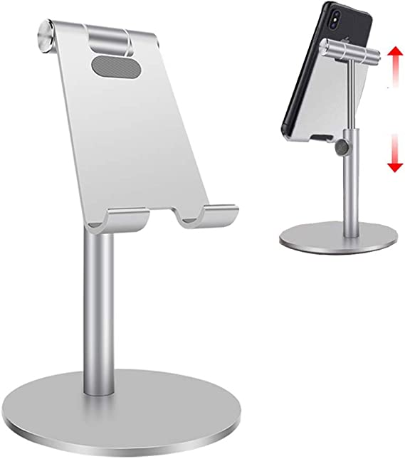 Cell Phone Stand for Desk, Tablet Stand Holder,Height Adjustable Rotating Aluminum Dock for Recording and viedo Compatible with 3.5-12.9 inch iPad iPhone Samsung, Microsoft pro,Kindle (Silver)